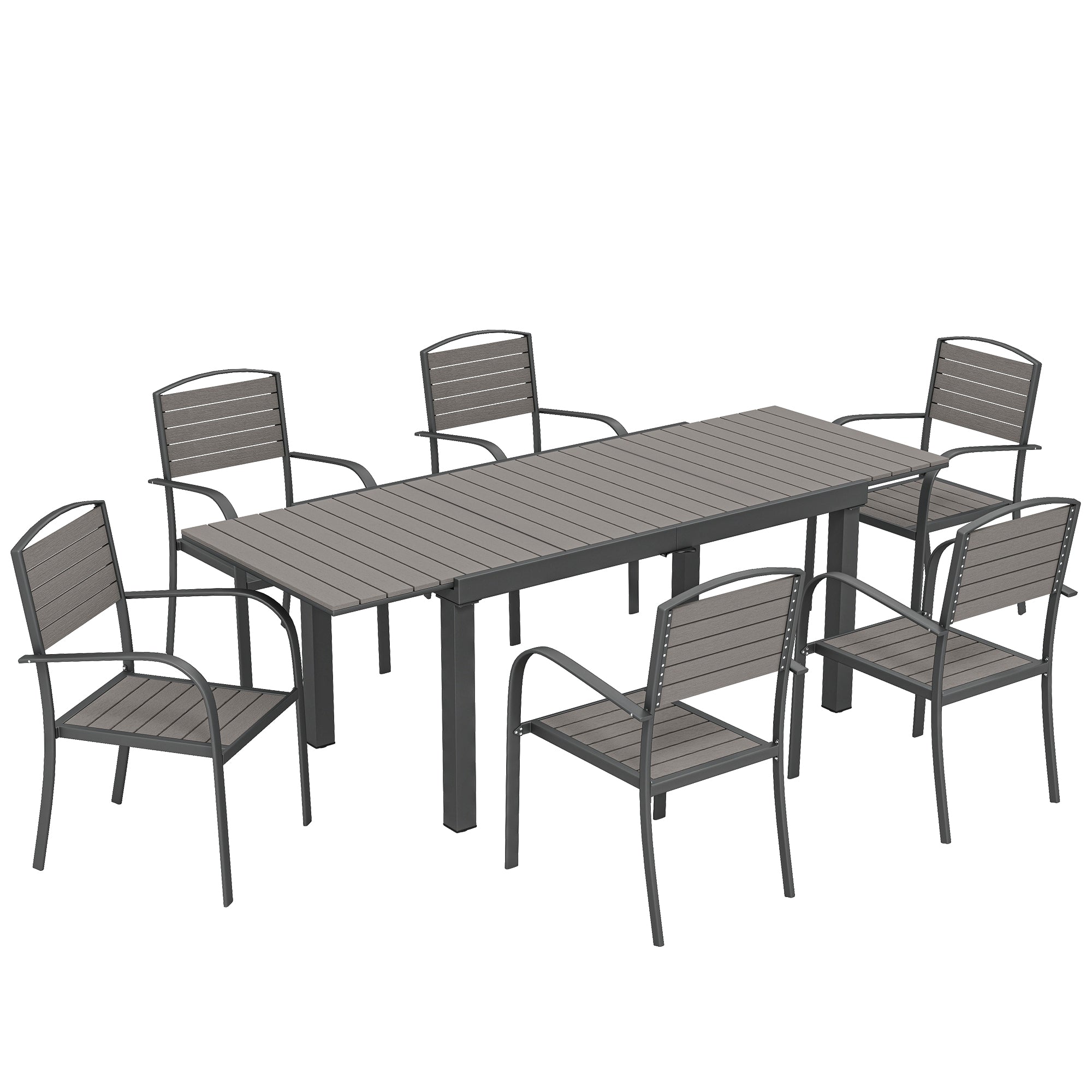 7-Piece Extendable Outdoor Dining Set with 6 Chairs, Wood-Look Slatted Design, Aluminum Frame, Weatherproof, Gray