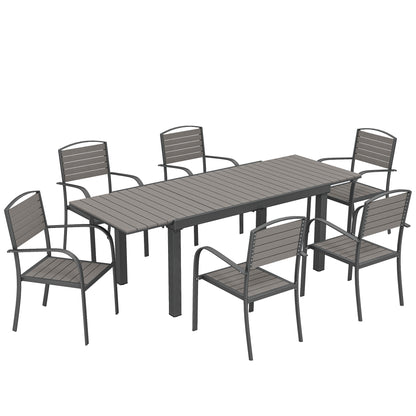 7-Piece Extendable Outdoor Dining Set with 6 Chairs, Wood-Look Slatted Design, Aluminum Frame, Weatherproof, Gray