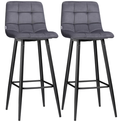 Set of 2 Bar Stools, Bistro Stools with Footrest, Bar Chairs, Velvet Cover, Kitchen Stool, Counter Stool Set with Steel Legs for Living Room, Dining Room, Gray, 42 x 47 x 105 cm