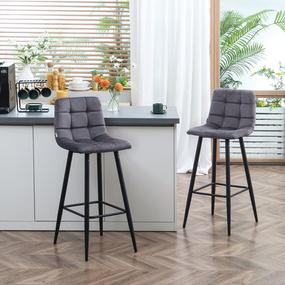 Set of 2 Bar Stools, Bistro Stools with Footrest, Bar Chairs, Velvet Cover, Kitchen Stool, Counter Stool Set with Steel Legs for Living Room, Dining Room, Gray, 42 x 47 x 105 cm
