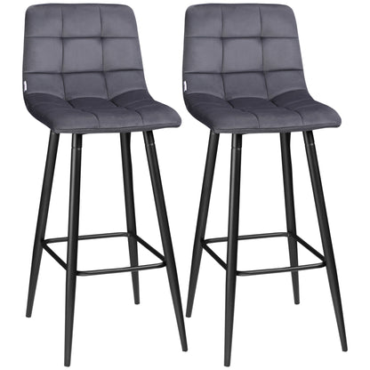 Set of 2 Bar Stools, Bistro Stools with Footrest, Bar Chairs, Velvet Cover, Kitchen Stool, Counter Stool Set with Steel Legs for Living Room, Dining Room, Gray, 42 x 47 x 105 cm