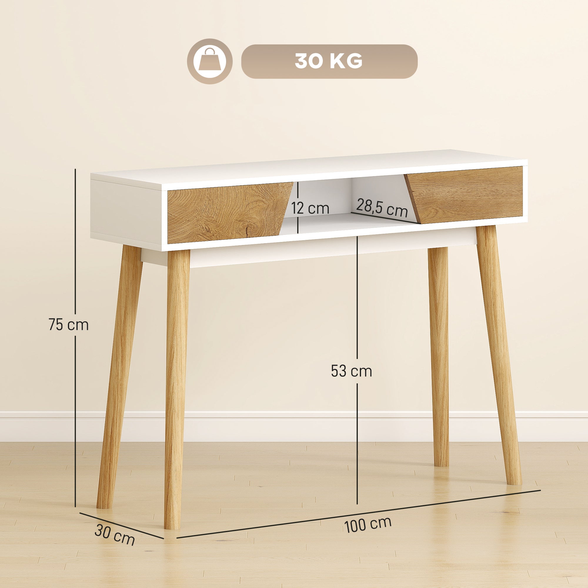 Narrow Console Table Entryway Console Modern Sofa Table with 2 Drawers Open Compartment and Wooden Legs for Hallway Entryway Living Room Bedroom White
