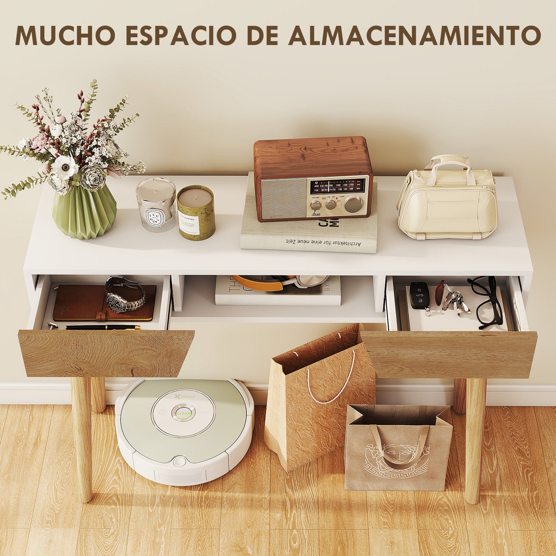 Narrow Console Table Entryway Console Modern Sofa Table with 2 Drawers Open Compartment and Wooden Legs for Hallway Entryway Living Room Bedroom White