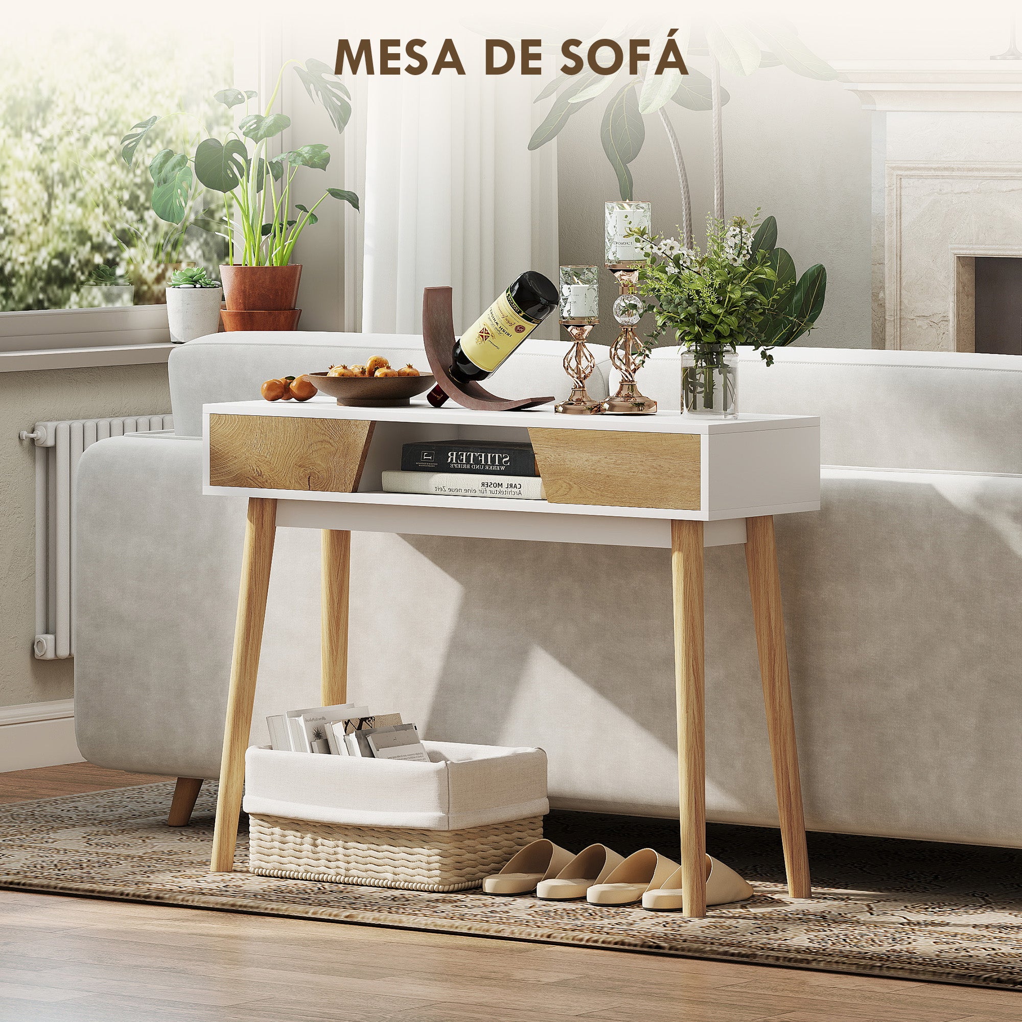 Narrow Console Table Entryway Console Modern Sofa Table with 2 Drawers Open Compartment and Wooden Legs for Hallway Entryway Living Room Bedroom White