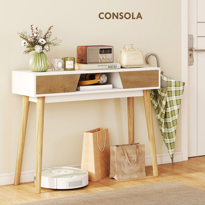Narrow Console Table Entryway Console Modern Sofa Table with 2 Drawers Open Compartment and Wooden Legs for Hallway Entryway Living Room Bedroom White