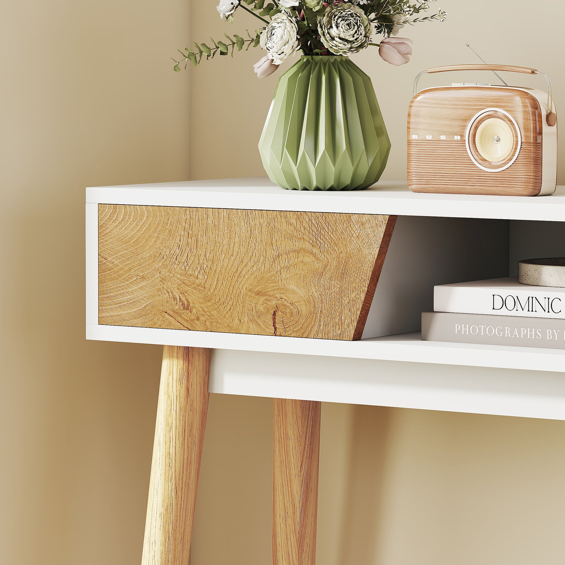 Narrow Console Table Entryway Console Modern Sofa Table with 2 Drawers Open Compartment and Wooden Legs for Hallway Entryway Living Room Bedroom White