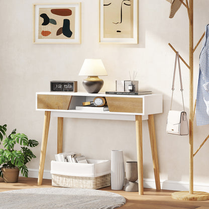 Narrow Console Table Entryway Console Modern Sofa Table with 2 Drawers Open Compartment and Wooden Legs for Hallway Entryway Living Room Bedroom White
