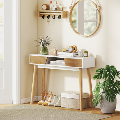 Narrow Console Table Entryway Console Modern Sofa Table with 2 Drawers Open Compartment and Wooden Legs for Hallway Entryway Living Room Bedroom White
