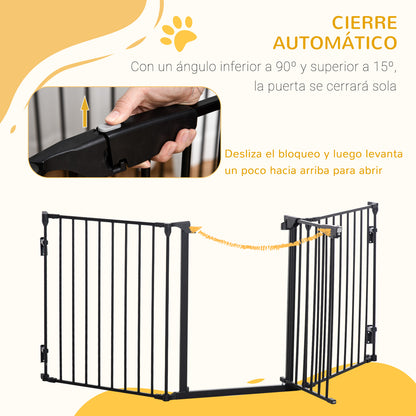 Foldable Dog Barrier 180x74.5 cm Pet Gate with 3 Panels and Automatic Lock Safety Gate for Stairs Hallway Black