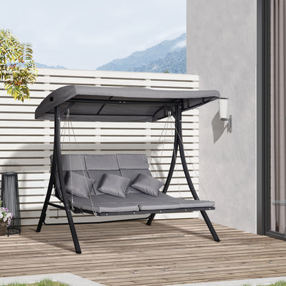 3-Seater Hollywood Swing, Swing Bench with Adjustable Sun Canopy, Swing with Cushions, up to 270 kg Load Capacity, Metal, Texteline, Gray, 200 x 115 x 168 cm
