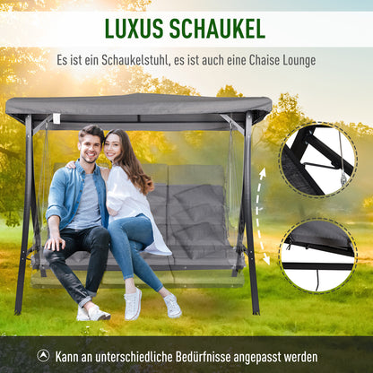 3-Seater Hollywood Swing, Swing Bench with Adjustable Sun Canopy, Swing with Cushions, up to 270 kg Load Capacity, Metal, Texteline, Gray, 200 x 115 x 168 cm