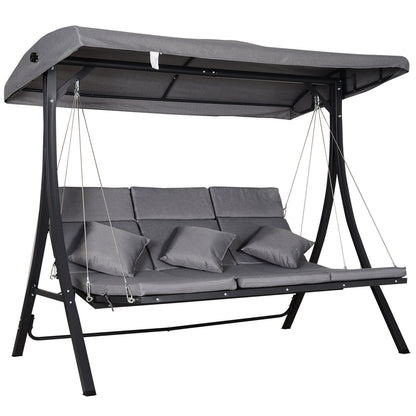 3-Seater Hollywood Swing, Swing Bench with Adjustable Sun Canopy, Swing with Cushions, up to 270 kg Load Capacity, Metal, Texteline, Gray, 200 x 115 x 168 cm