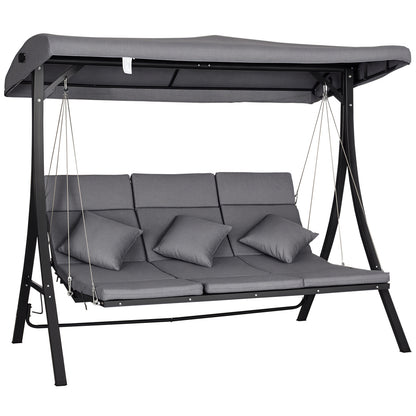 3-Seater Hollywood Swing, Swing Bench with Adjustable Sun Canopy, Swing with Cushions, up to 270 kg Load Capacity, Metal, Texteline, Gray, 200 x 115 x 168 cm