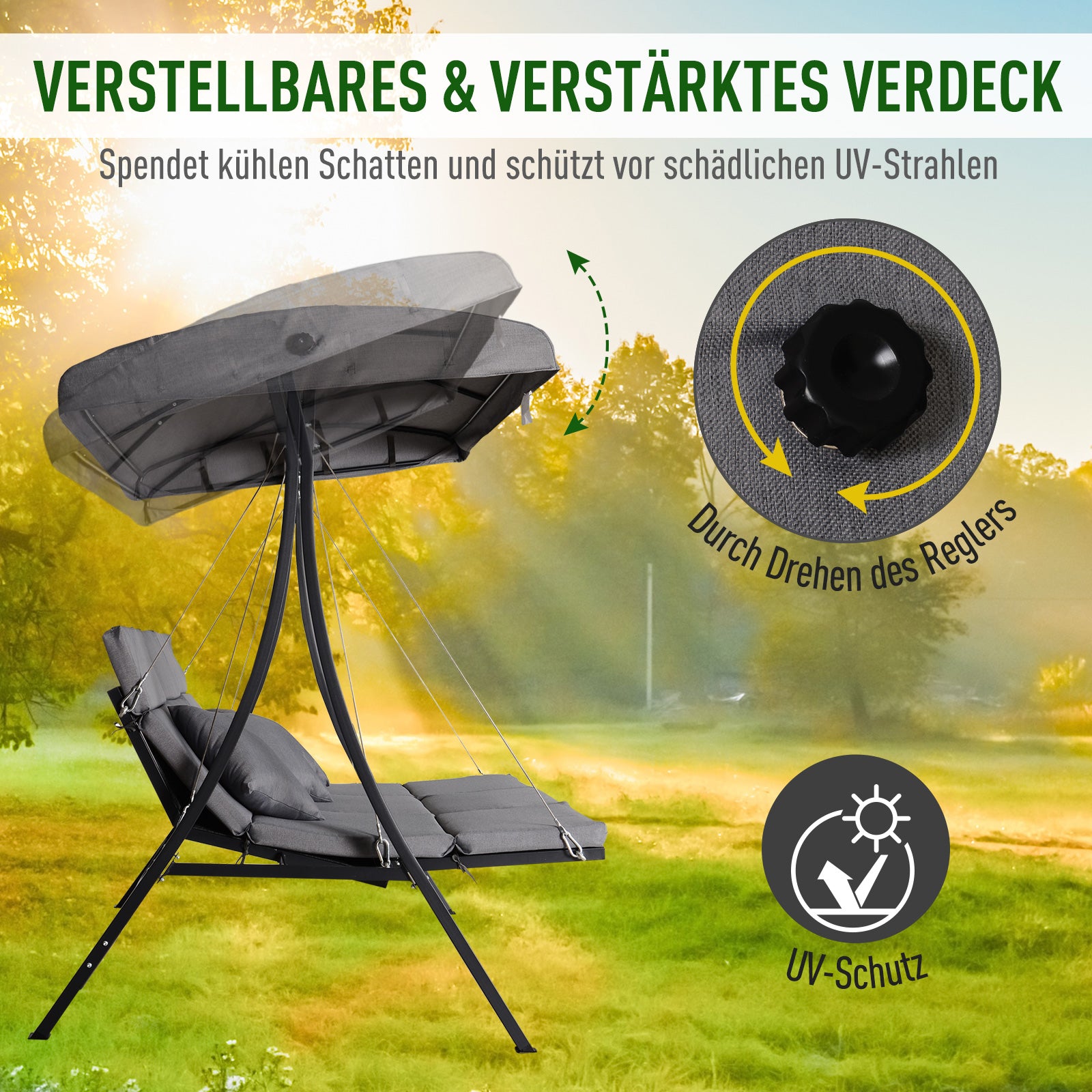 3-Seater Hollywood Swing, Swing Bench with Adjustable Sun Canopy, Swing with Cushions, up to 270 kg Load Capacity, Metal, Texteline, Gray, 200 x 115 x 168 cm