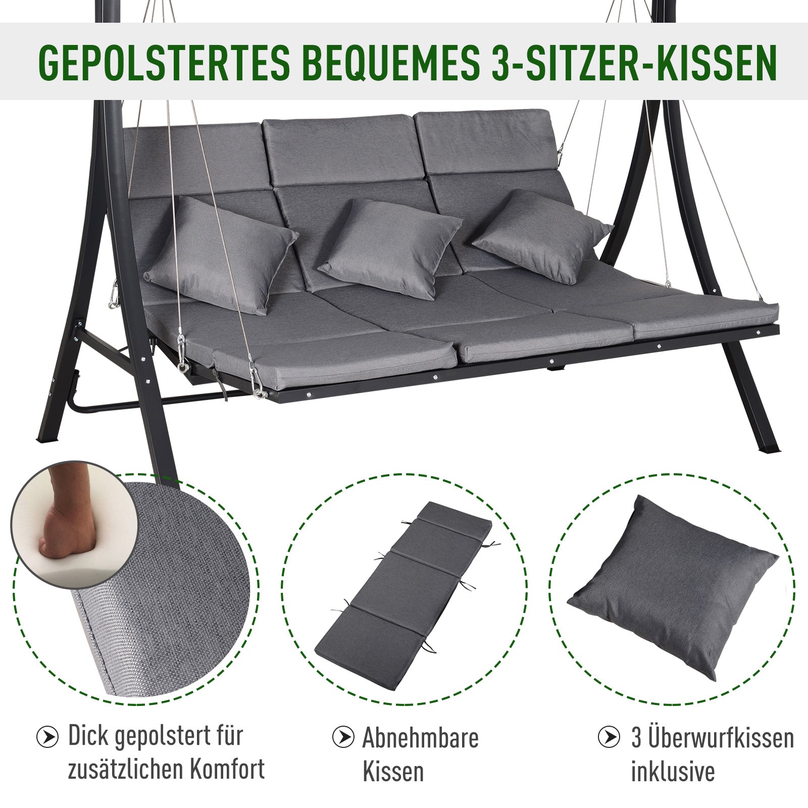3-Seater Hollywood Swing, Swing Bench with Adjustable Sun Canopy, Swing with Cushions, up to 270 kg Load Capacity, Metal, Texteline, Gray, 200 x 115 x 168 cm