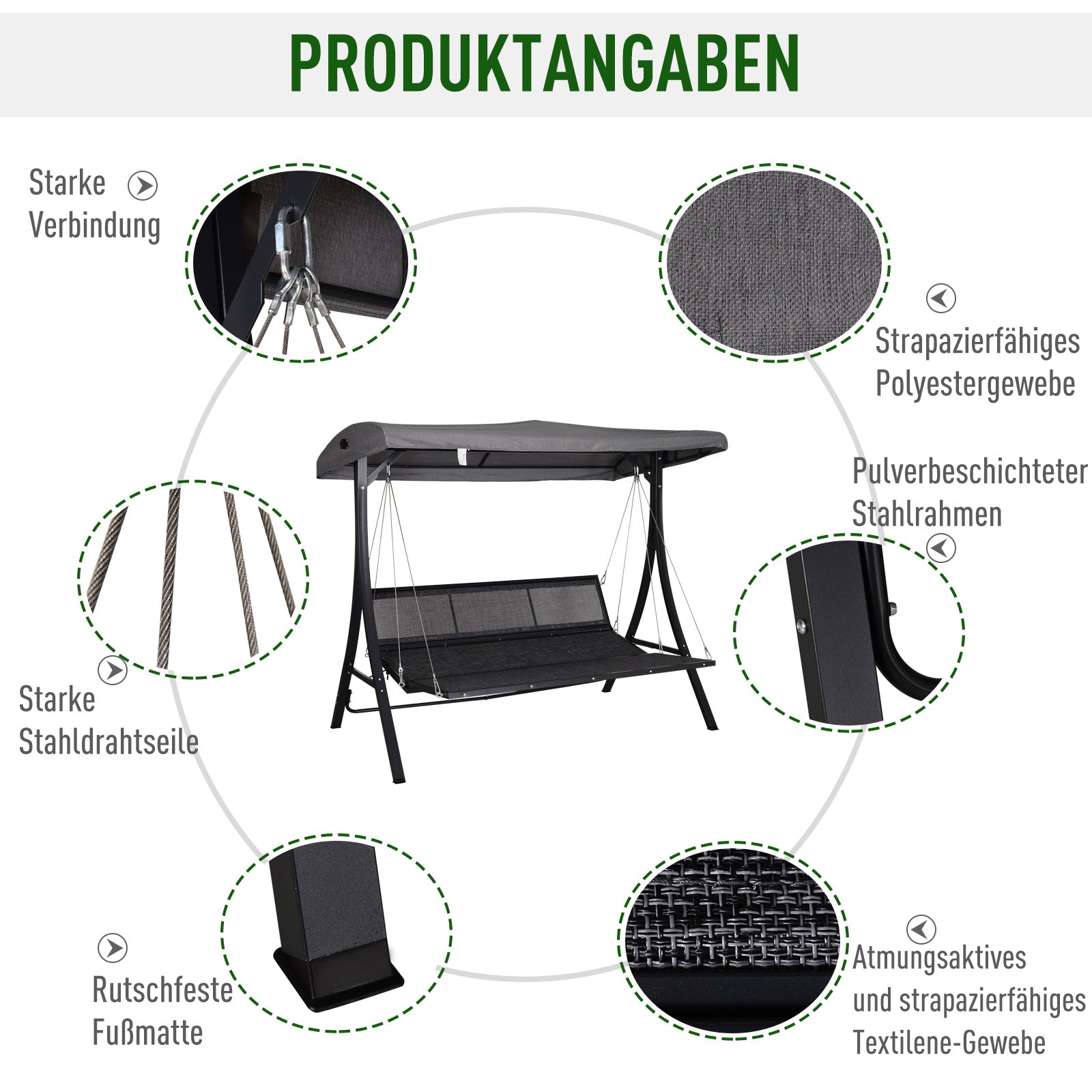 3-Seater Hollywood Swing, Swing Bench with Adjustable Sun Canopy, Swing with Cushions, up to 270 kg Load Capacity, Metal, Texteline, Gray, 200 x 115 x 168 cm