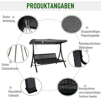 3-Seater Hollywood Swing, Swing Bench with Adjustable Sun Canopy, Swing with Cushions, up to 270 kg Load Capacity, Metal, Texteline, Gray, 200 x 115 x 168 cm