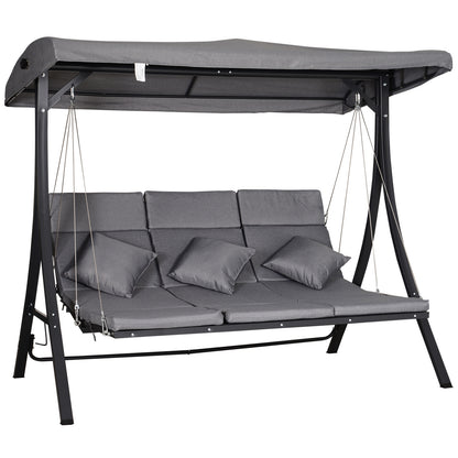 3-Seater Hollywood Swing, Swing Bench with Adjustable Sun Canopy, Swing with Cushions, up to 270 kg Load Capacity, Metal, Texteline, Gray, 200 x 115 x 168 cm