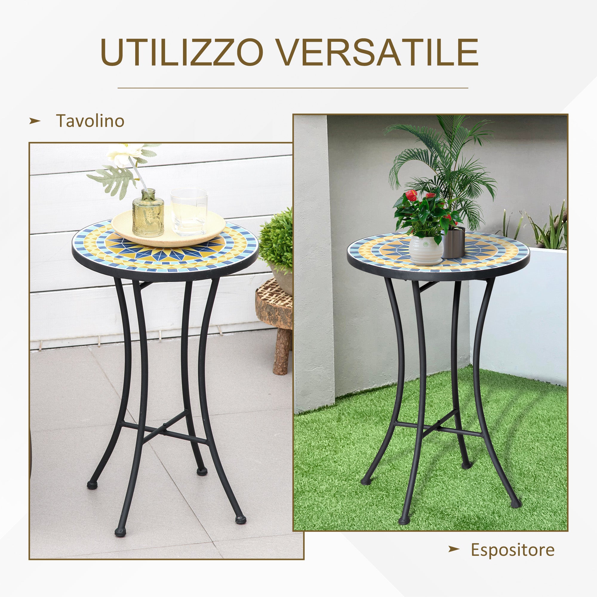 Garden Side Table with Ceramic Mosaic Tabletop, 35.5x53.5cm, Multicolor