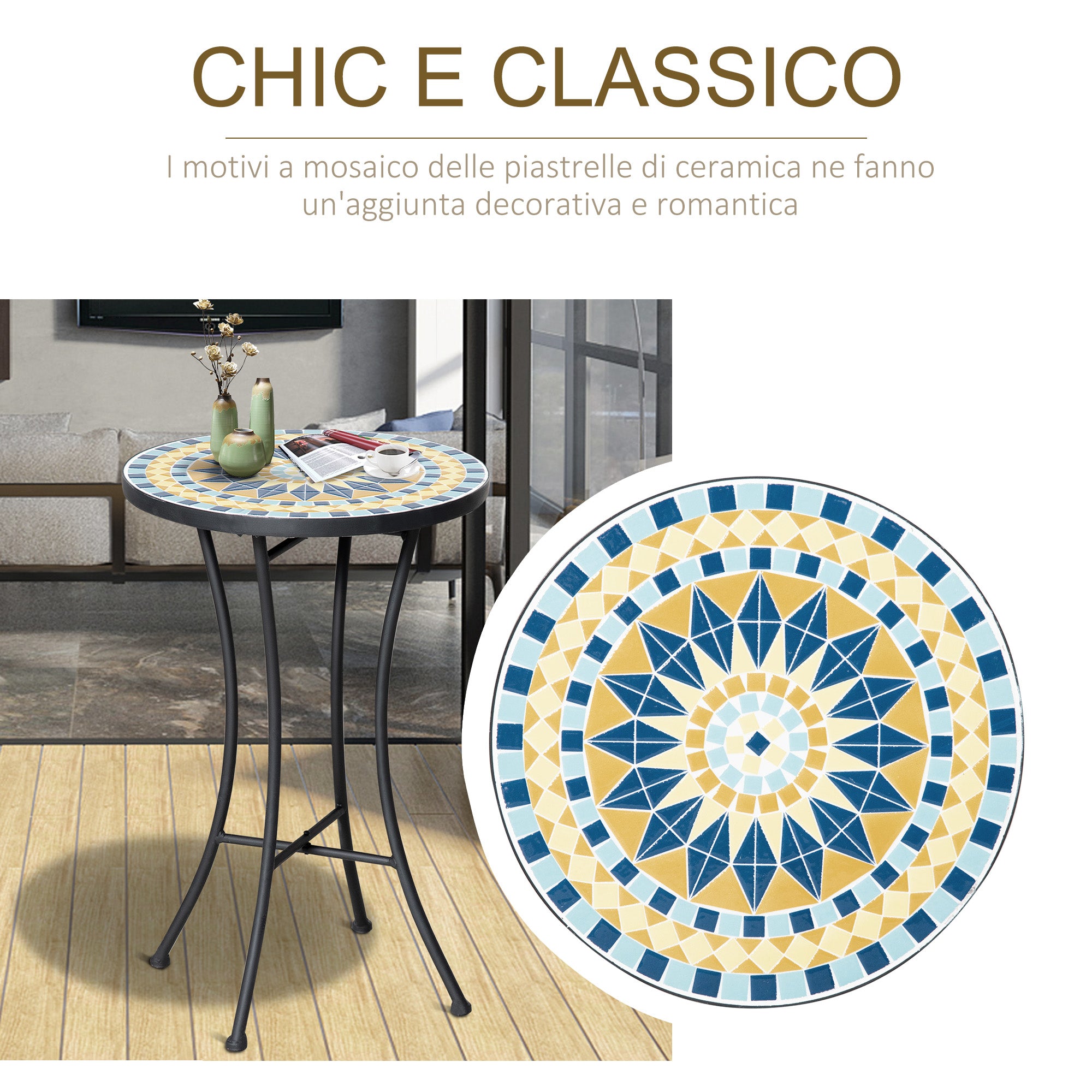 Garden Side Table with Ceramic Mosaic Tabletop, 35.5x53.5cm, Multicolor
