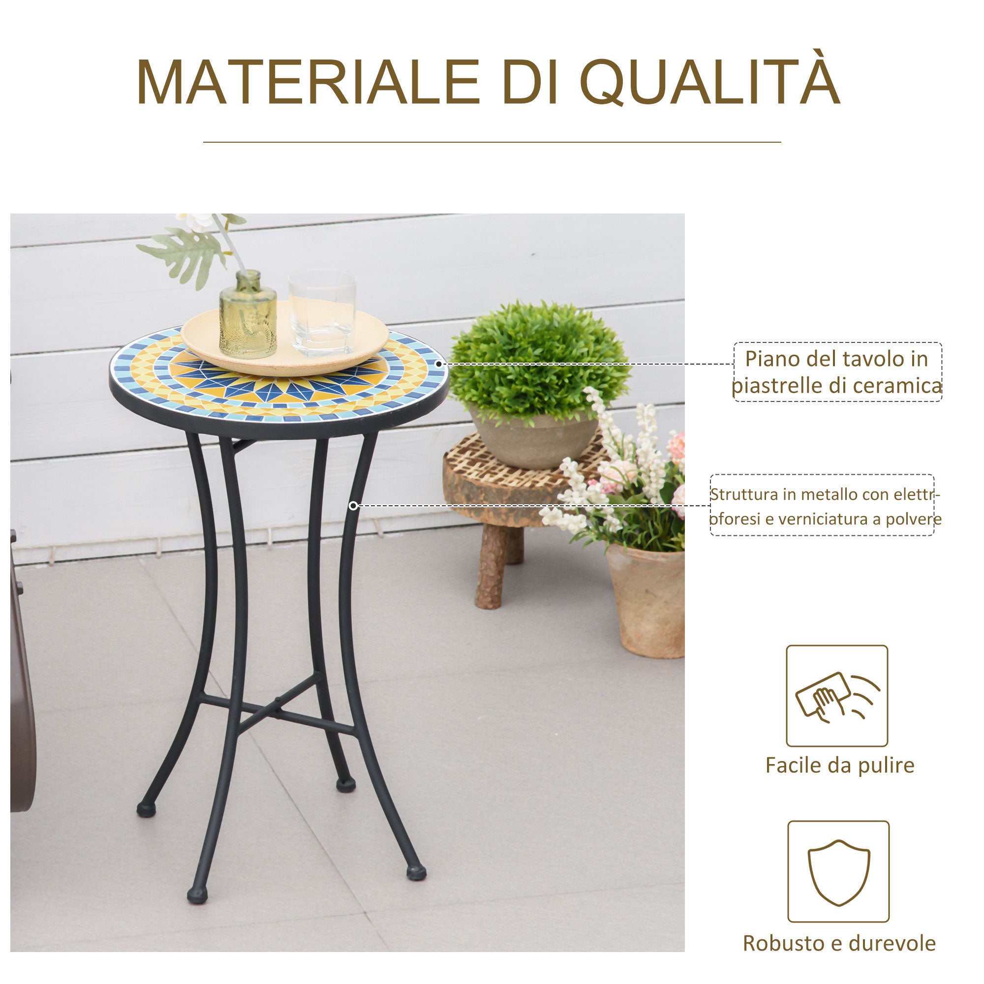 Garden Side Table with Ceramic Mosaic Tabletop, 35.5x53.5cm, Multicolor