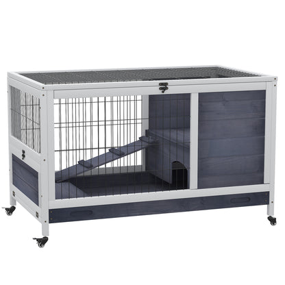 Small Animal Hutch with Wheels Small Animal Cage Guinea Pig Hutch Guinea Pig Cage Small Animal House Pine Wood Dark Grey+White 90 x 53 x 59 cm