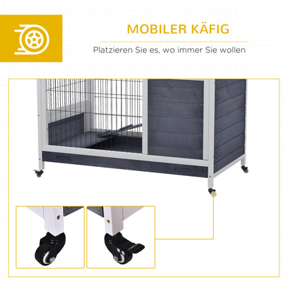 Small Animal Hutch with Wheels Small Animal Cage Guinea Pig Hutch Guinea Pig Cage Small Animal House Pine Wood Dark Grey+White 90 x 53 x 59 cm