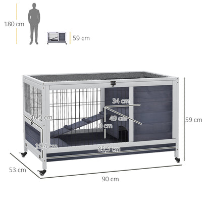 Small Animal Hutch with Wheels Small Animal Cage Guinea Pig Hutch Guinea Pig Cage Small Animal House Pine Wood Dark Grey+White 90 x 53 x 59 cm