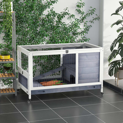 Small Animal Hutch with Wheels Small Animal Cage Guinea Pig Hutch Guinea Pig Cage Small Animal House Pine Wood Dark Grey+White 90 x 53 x 59 cm
