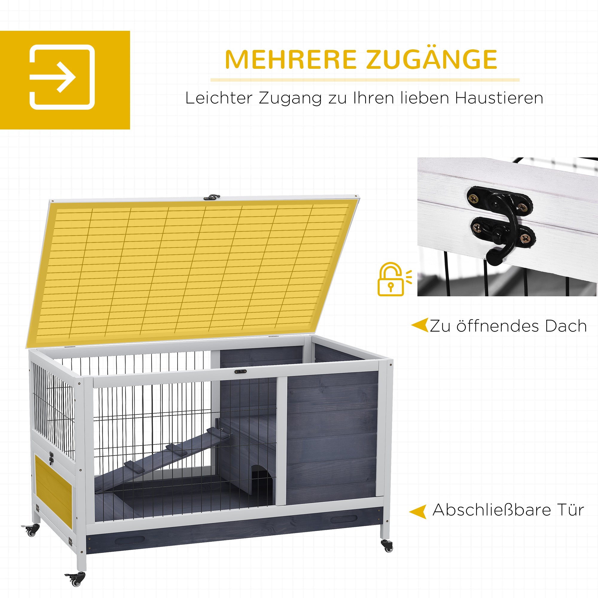 Small Animal Hutch with Wheels Small Animal Cage Guinea Pig Hutch Guinea Pig Cage Small Animal House Pine Wood Dark Grey+White 90 x 53 x 59 cm
