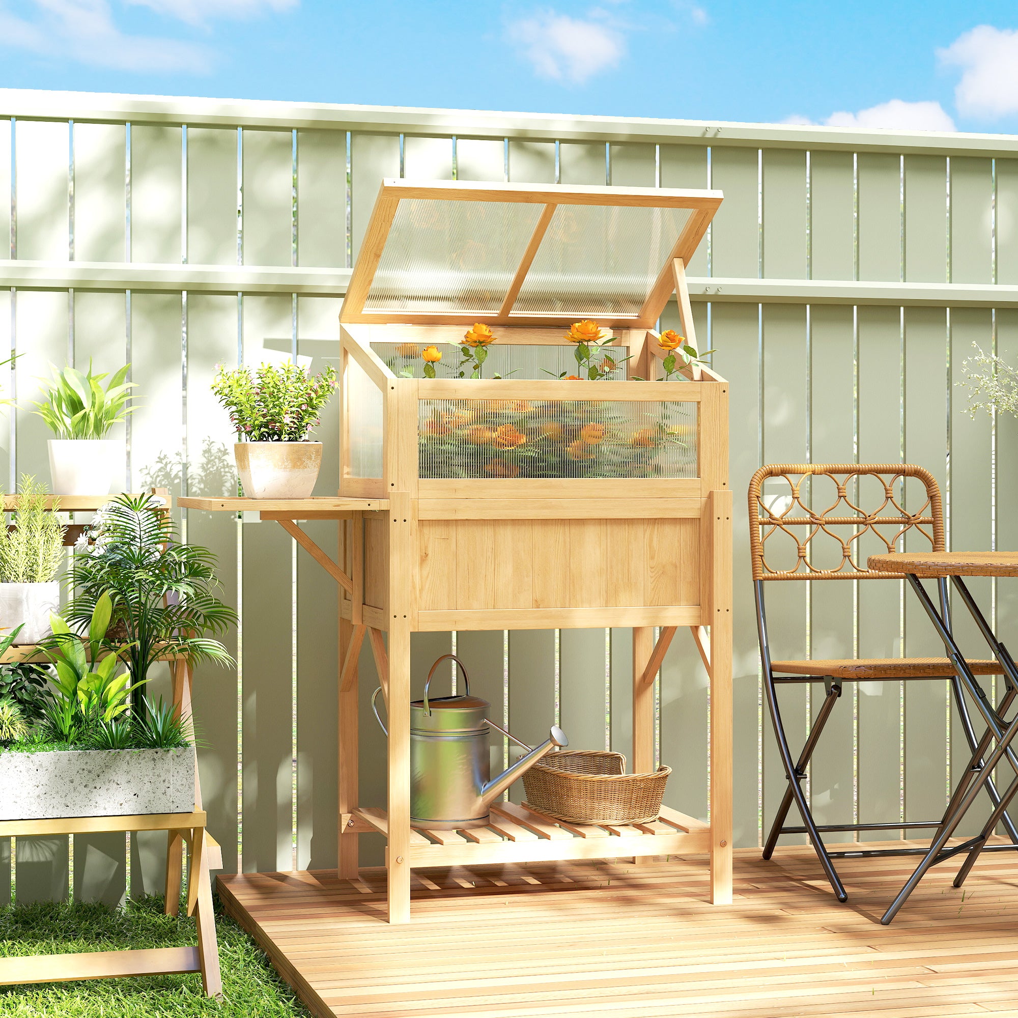 Raised Garden Bed with Cold Frame — Elevated Pine Wood Planter with Foldable Side Table & Storage Shelf for Vegetables, Flowers, Herbs, 104 x 50 x 120 cm (41 x 19.7 x 47.2 in) — Natural