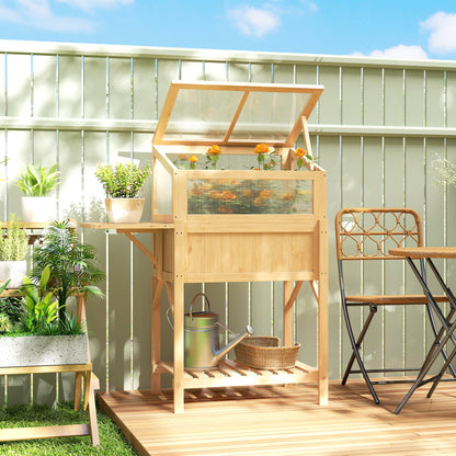 Raised Garden Bed with Cold Frame — Elevated Pine Wood Planter with Foldable Side Table & Storage Shelf for Vegetables, Flowers, Herbs, 104 x 50 x 120 cm (41 x 19.7 x 47.2 in) — Natural