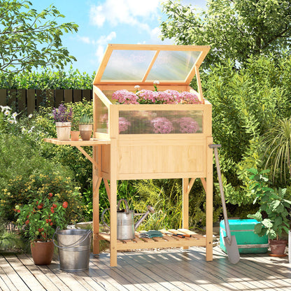 Raised Garden Bed with Cold Frame — Elevated Pine Wood Planter with Foldable Side Table & Storage Shelf for Vegetables, Flowers, Herbs, 104 x 50 x 120 cm (41 x 19.7 x 47.2 in) — Natural