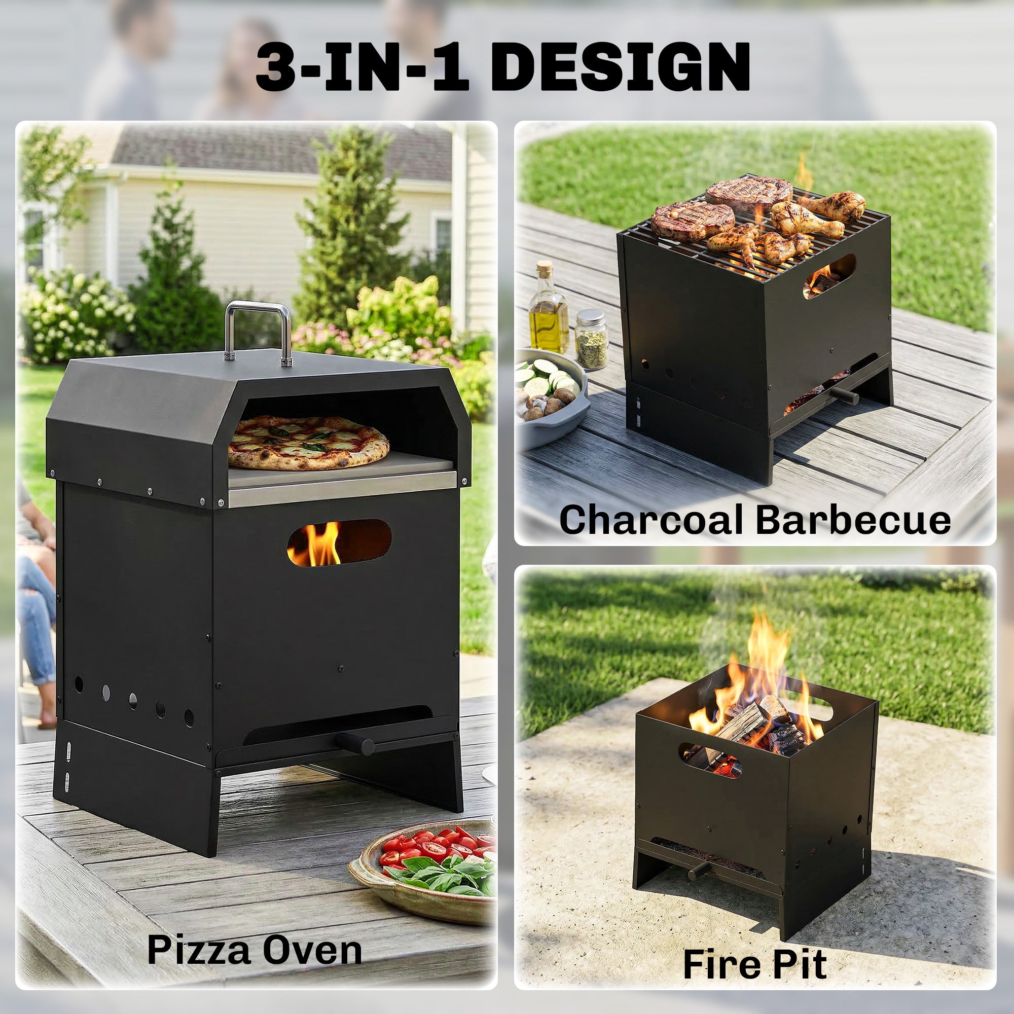 3-in-1 Outdoor Wood-Fired Pizza Oven, Stainless Steel 2-Tier Oven with Pizza Stone, Handles & Peel — Portable Patio Pizza Oven for Garden Parties