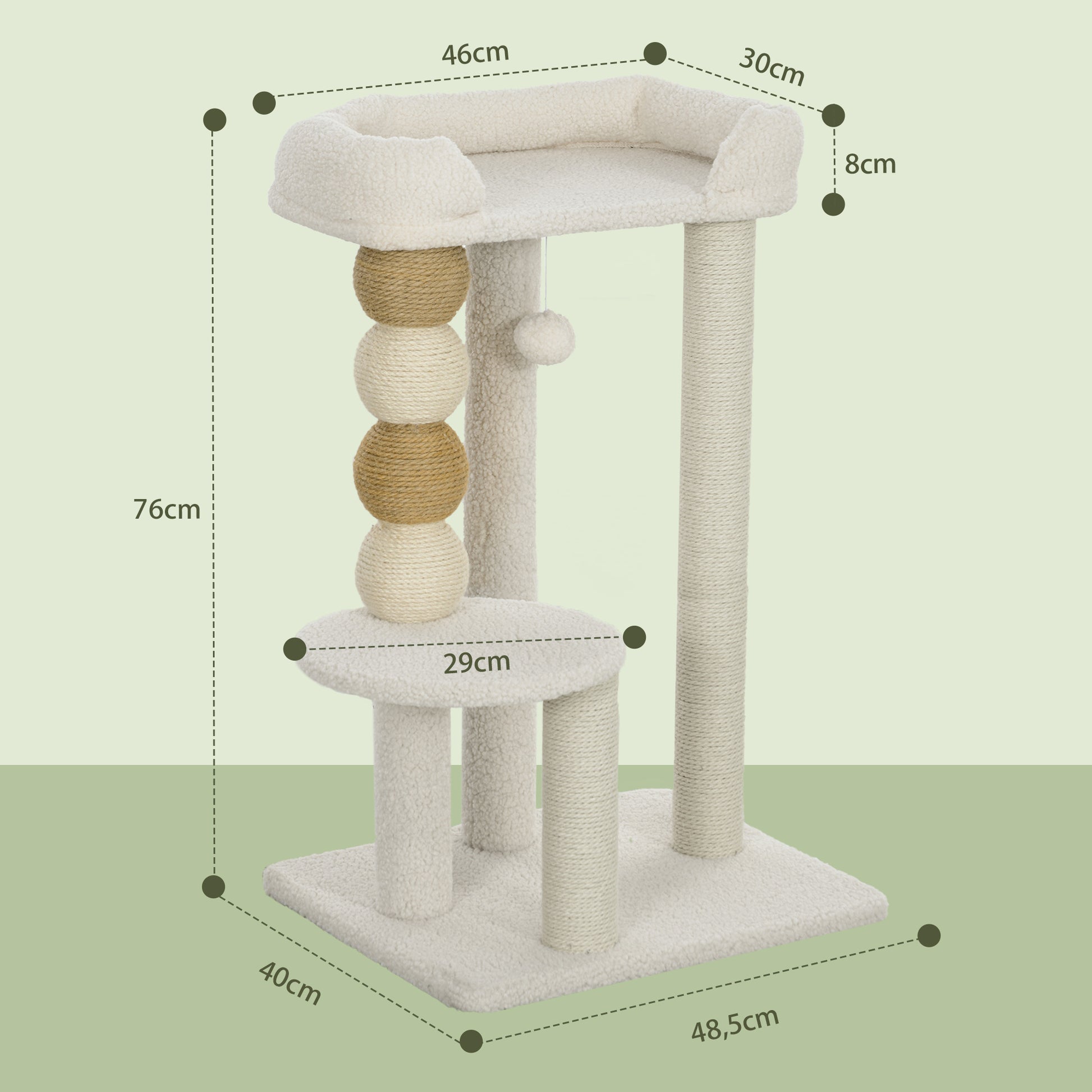 Cat Scratching Tree Height 76 cm Cat Tower with Sherpa Lining Platforms Hanging Ball and Jute Post Beige