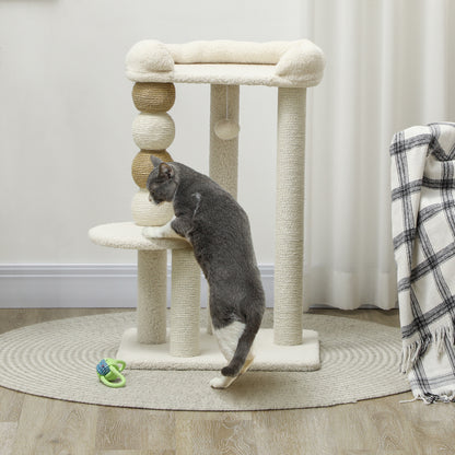 Cat Scratching Tree Height 76 cm Cat Tower with Sherpa Lining Platforms Hanging Ball and Jute Post Beige