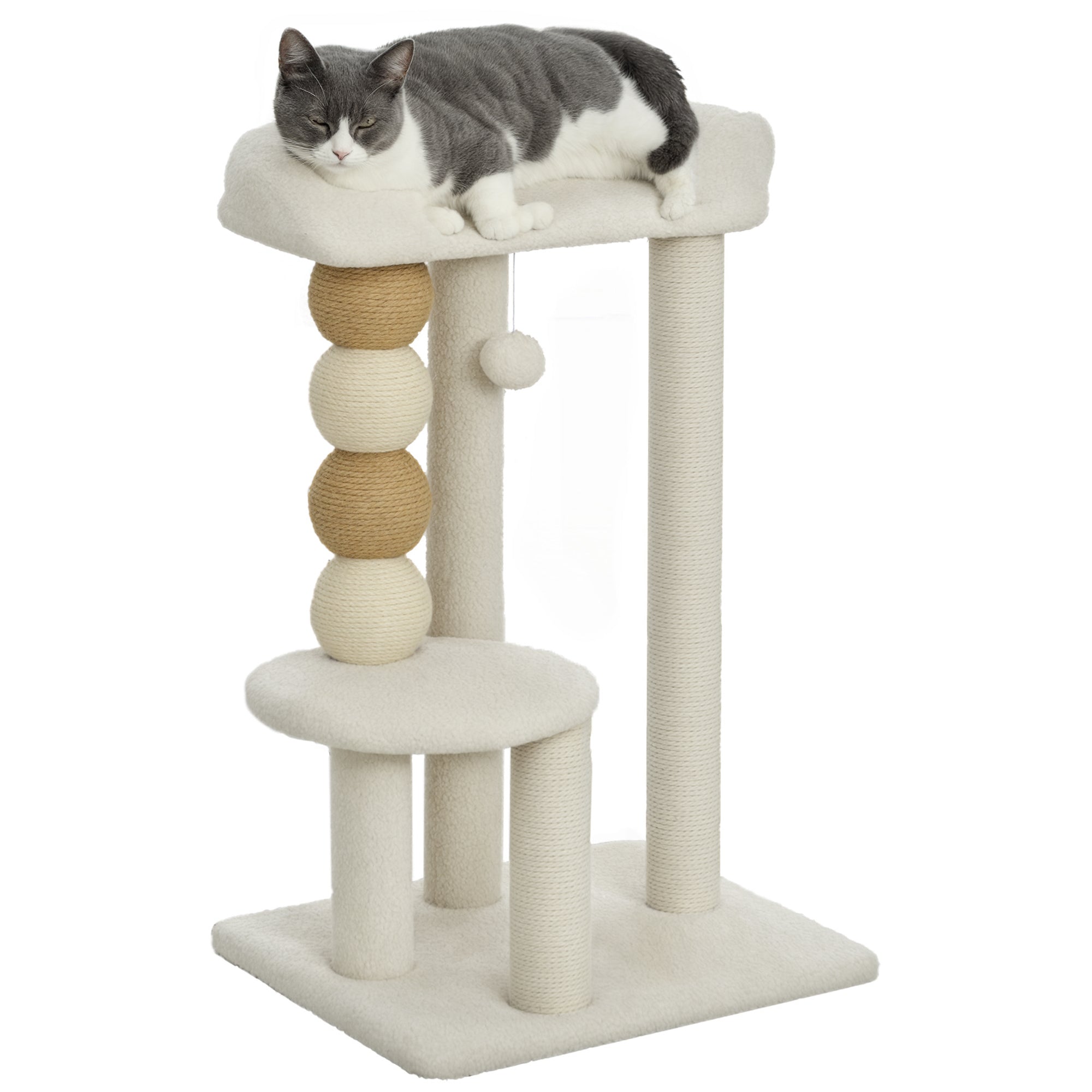 Cat Scratching Tree Height 76 cm Cat Tower with Sherpa Lining Platforms Hanging Ball and Jute Post Beige