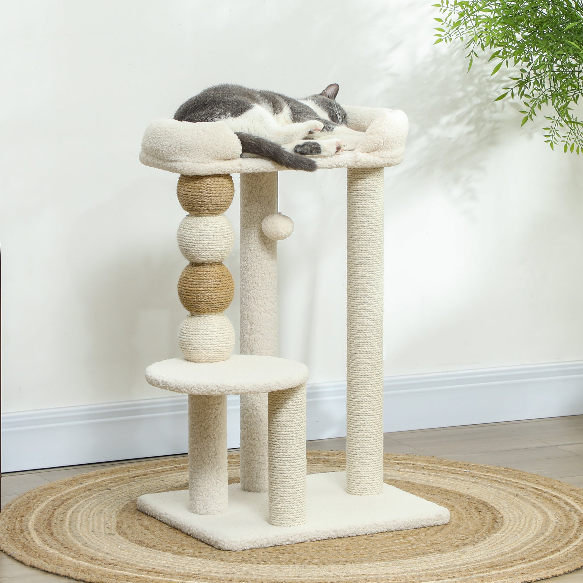 Cat Scratching Tree Height 76 cm Cat Tower with Sherpa Lining Platforms Hanging Ball and Jute Post Beige