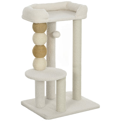 Cat Scratching Tree Height 76 cm Cat Tower with Sherpa Lining Platforms Hanging Ball and Jute Post Beige