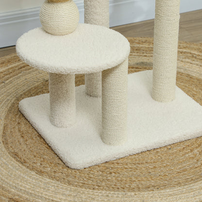 Cat Scratching Tree Height 76 cm Cat Tower with Sherpa Lining Platforms Hanging Ball and Jute Post Beige
