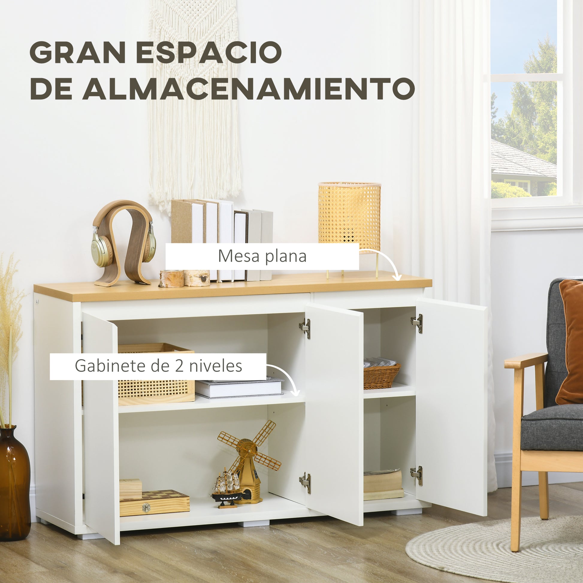 Living Room Sideboard Storage Cabinet Kitchen Sideboard with 3 Doors and Adjustable Shelves for Dining Room Entryway 120x37x75 cm White