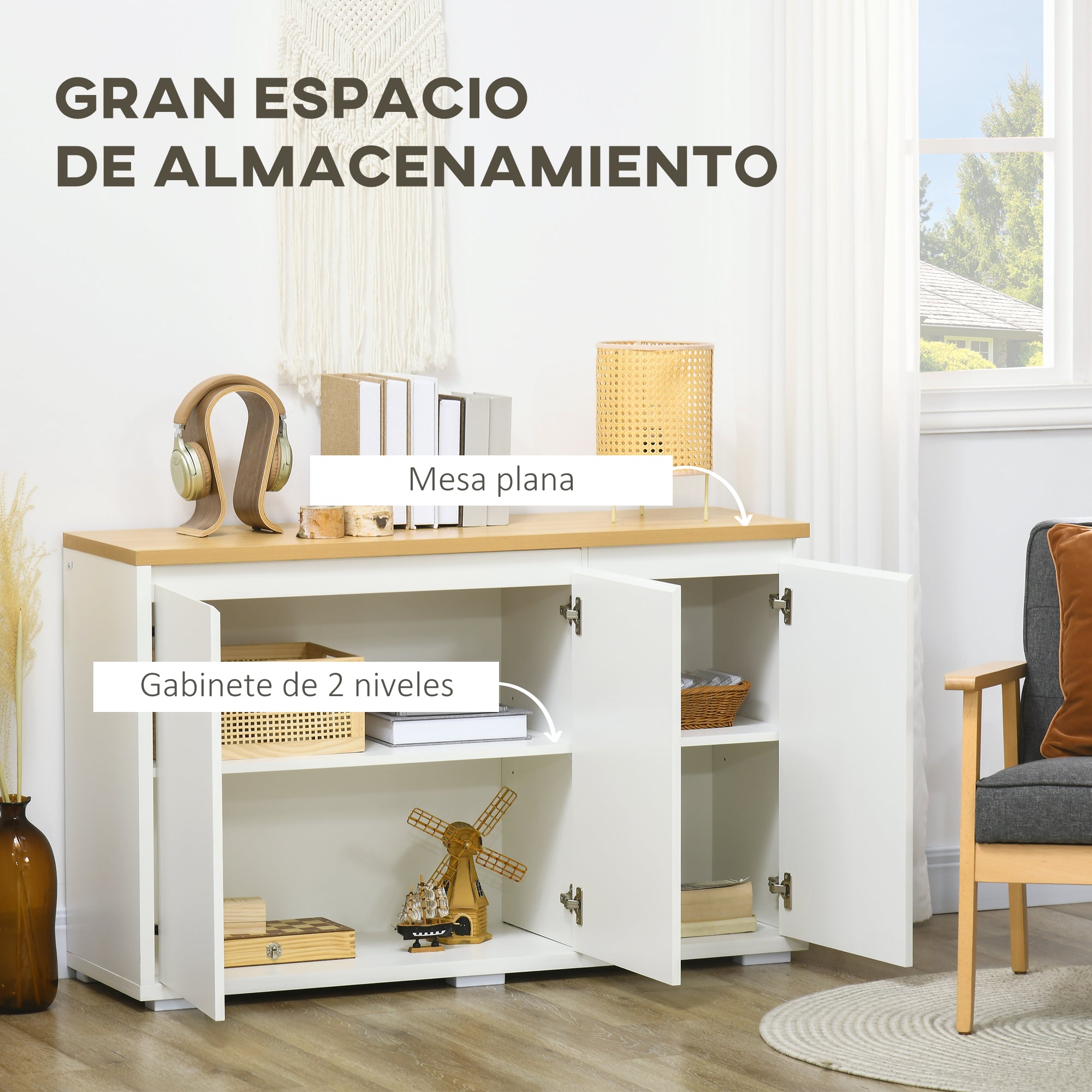 Living Room Sideboard Storage Cabinet Kitchen Sideboard with 3 Doors and Adjustable Shelves for Dining Room Entryway 120x37x75 cm White