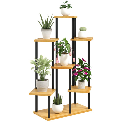 7-Tier Plant Stand for Indoor and Outdoor, Steel and Wood Plant Shelf, Plant Holder for Garden, Terrace, Balcony, Living Room, Natural Wood