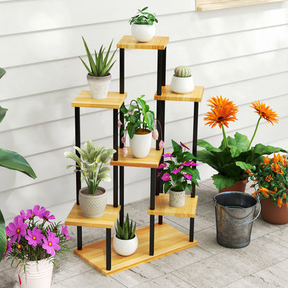 7-Tier Plant Stand for Indoor and Outdoor, Steel and Wood Plant Shelf, Plant Holder for Garden, Terrace, Balcony, Living Room, Natural Wood