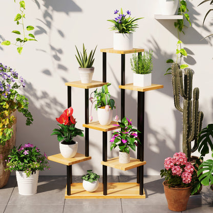 7-Tier Plant Stand for Indoor and Outdoor, Steel and Wood Plant Shelf, Plant Holder for Garden, Terrace, Balcony, Living Room, Natural Wood