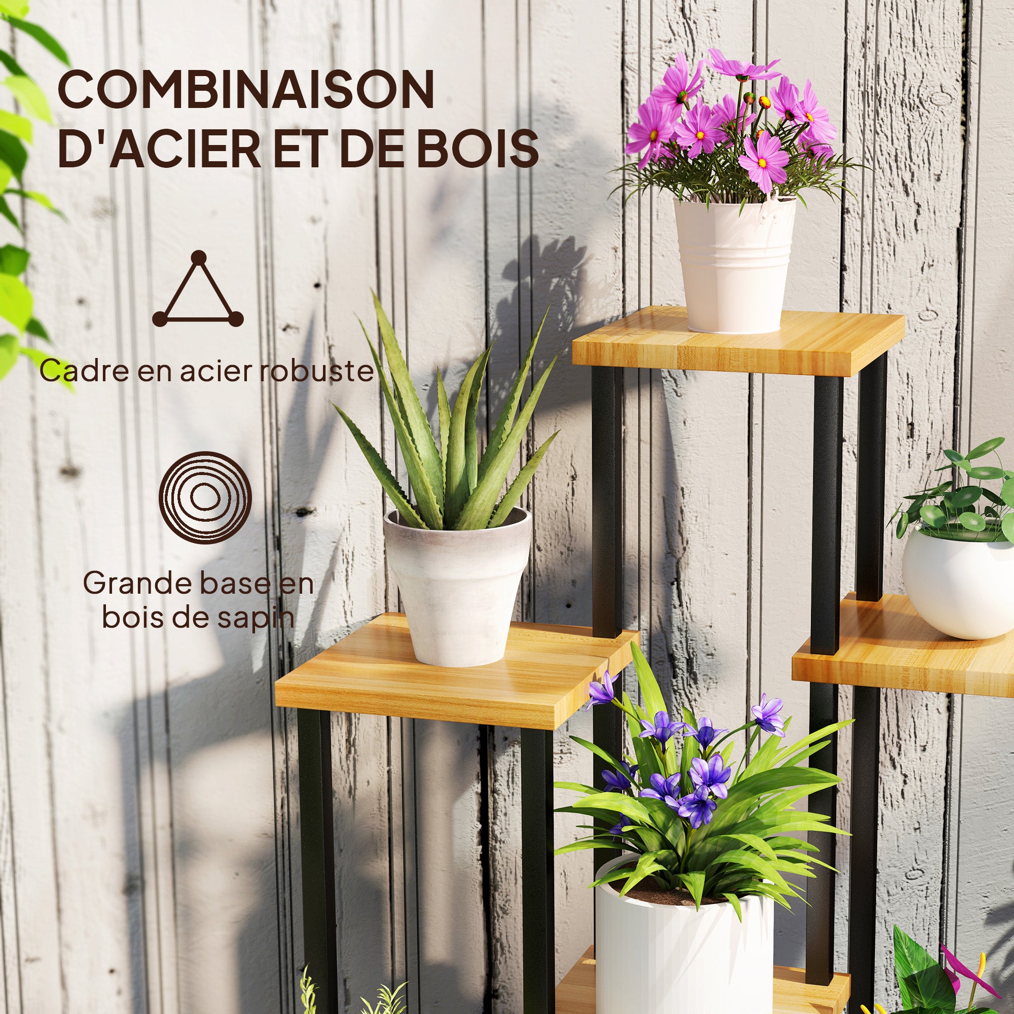 7-Tier Plant Stand for Indoor and Outdoor, Steel and Wood Plant Shelf, Plant Holder for Garden, Terrace, Balcony, Living Room, Natural Wood