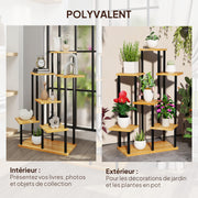 7-Tier Plant Stand for Indoor and Outdoor, Steel and Wood Plant Shelf, Plant Holder for Garden, Terrace, Balcony, Living Room, Natural Wood