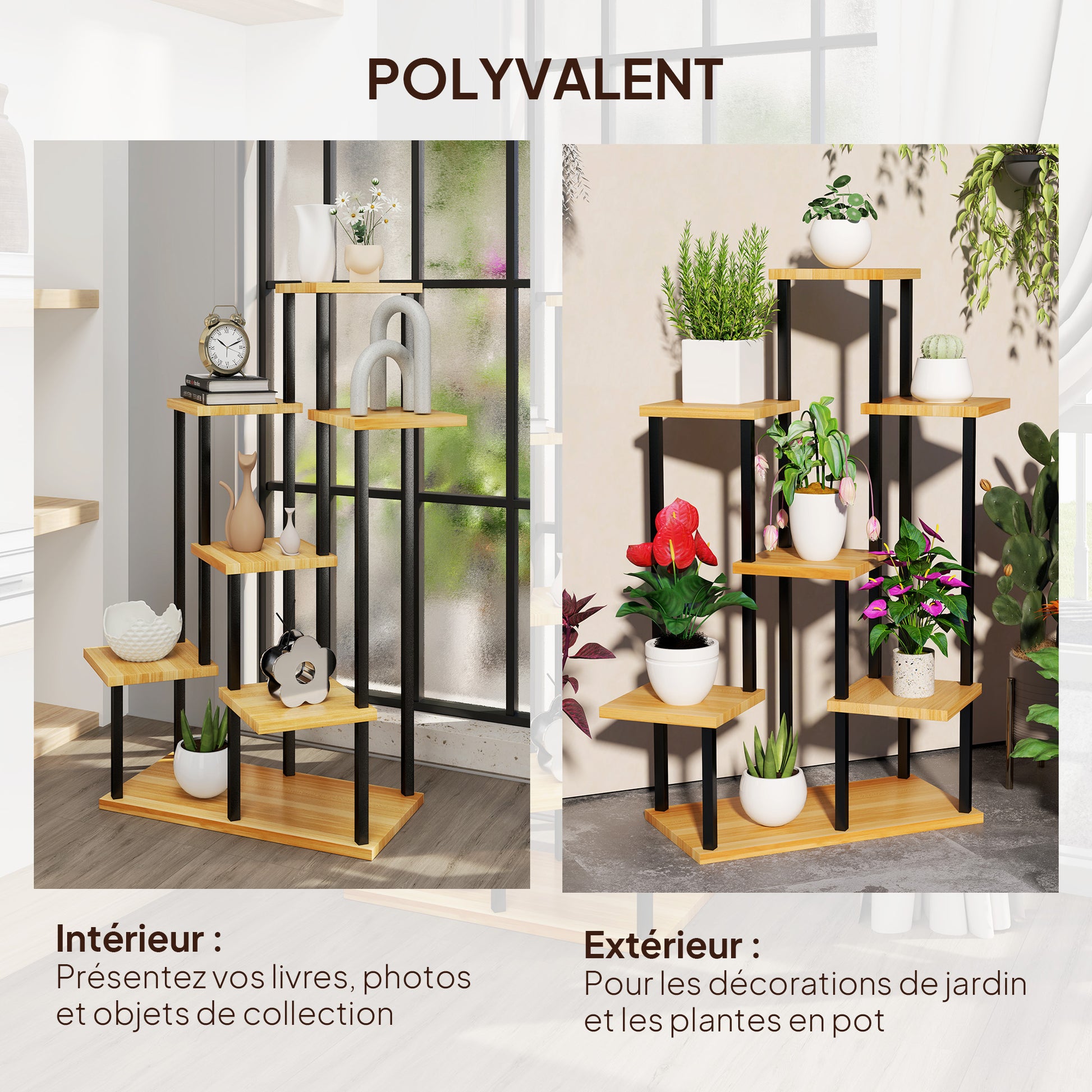 7-Tier Plant Stand for Indoor and Outdoor, Steel and Wood Plant Shelf, Plant Holder for Garden, Terrace, Balcony, Living Room, Natural Wood