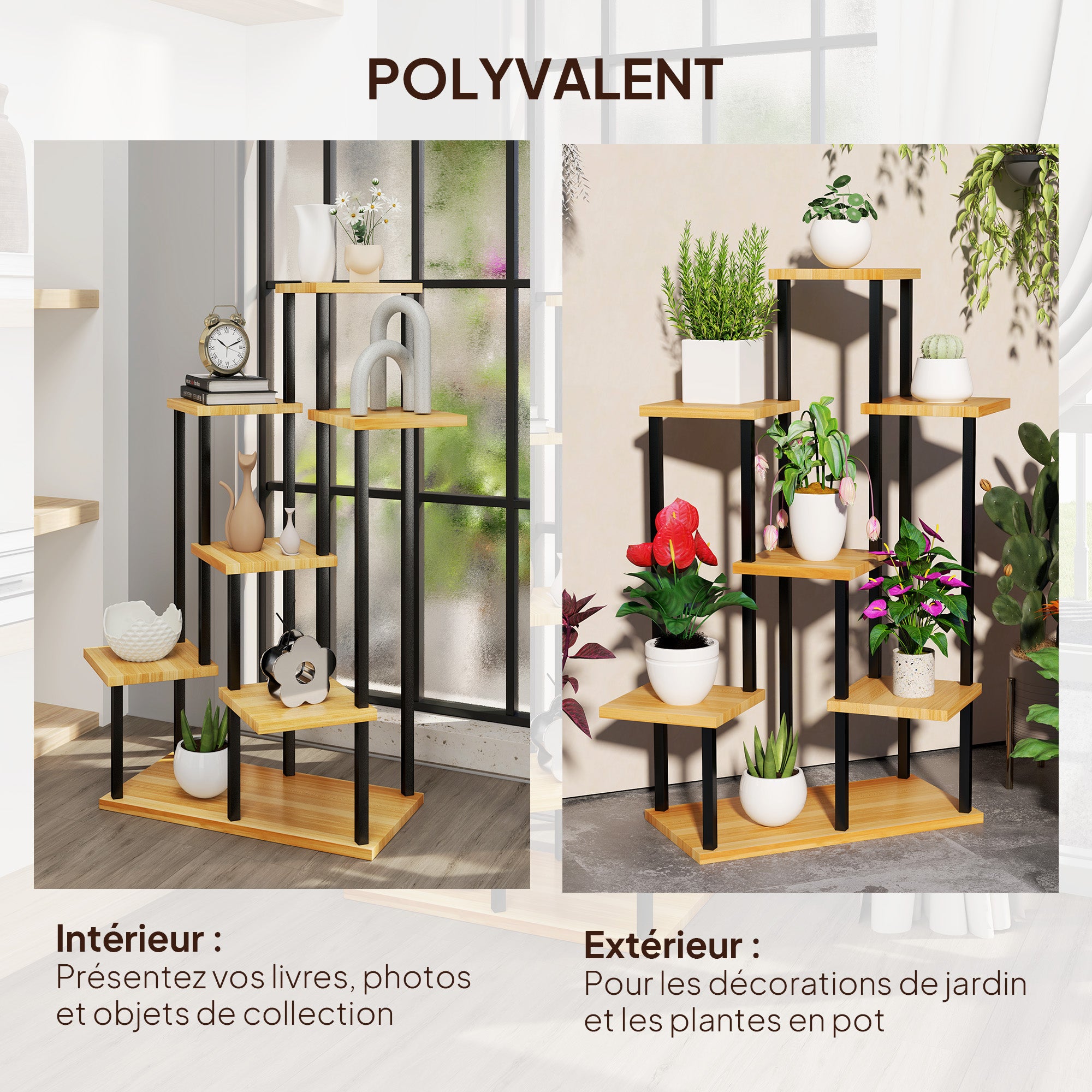 7-Tier Plant Stand for Indoor and Outdoor, Steel and Wood Plant Shelf, Plant Holder for Garden, Terrace, Balcony, Living Room, Natural Wood