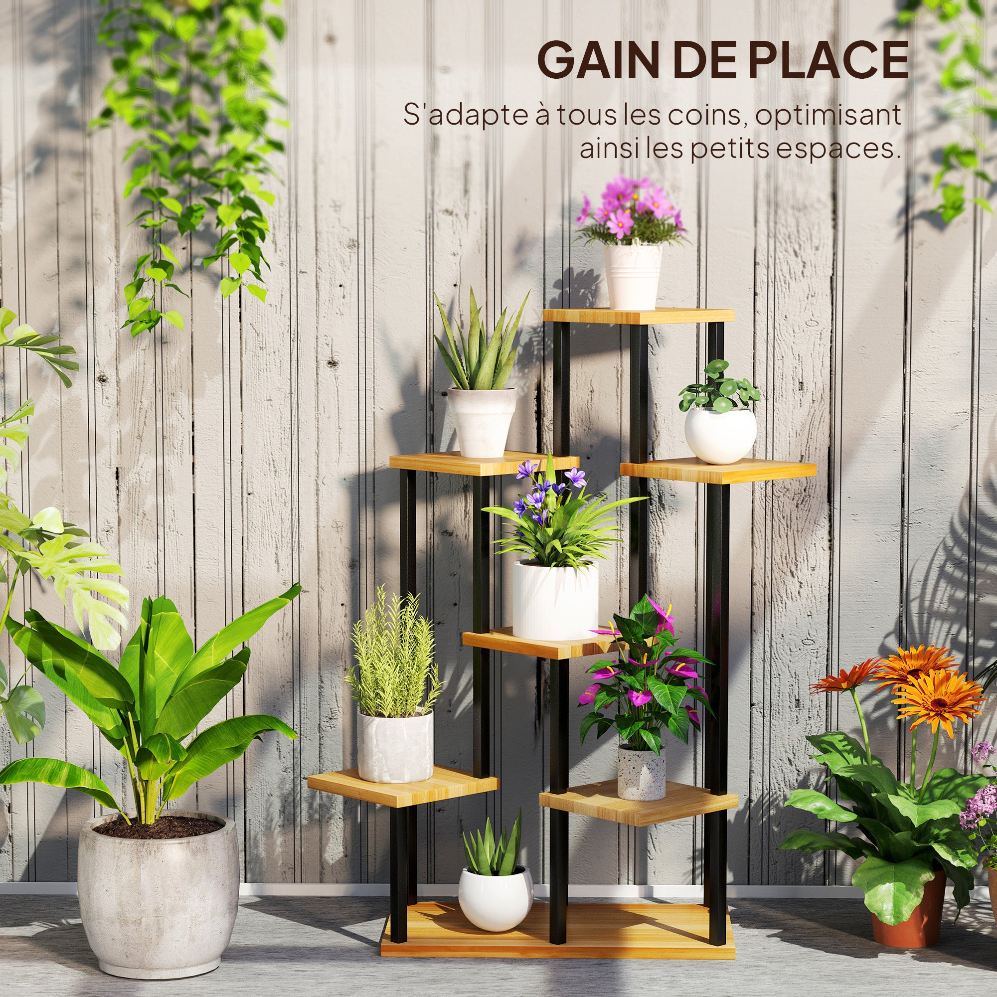 7-Tier Plant Stand for Indoor and Outdoor, Steel and Wood Plant Shelf, Plant Holder for Garden, Terrace, Balcony, Living Room, Natural Wood